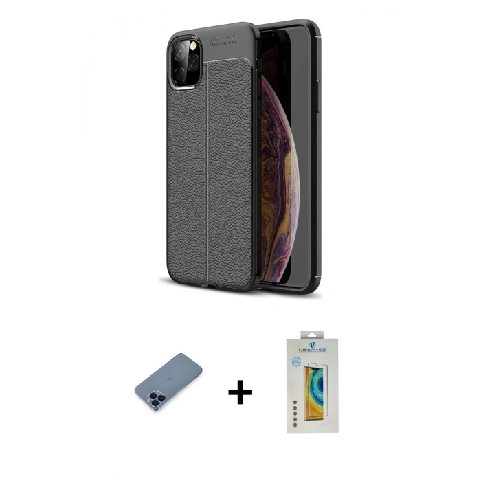 MARSİLYAN™- iPhone 11 Pro Max Kılıf Doruk Klasik Özel Seri - Siyah Polymer Nano Ekran Koruyucu + Metal Kamera Lens Koruma Cam - MI