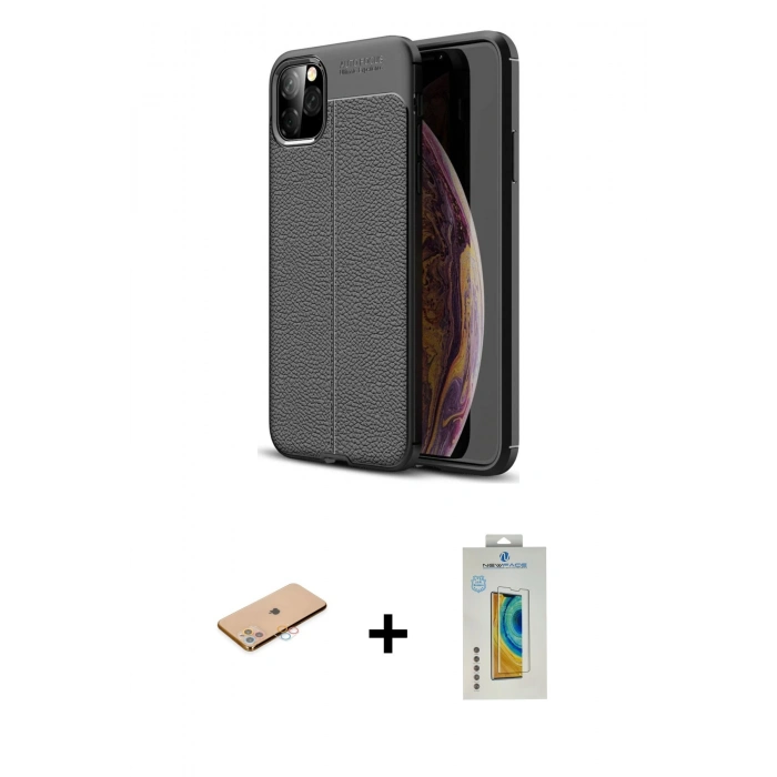 MARSİLYAN™- iPhone 11 Pro Max Kılıf Doruk Klasik Özel Seri - Siyah Polymer Nano Ekran Koruyucu + Renkli Kamera Lens Koruma Cam - PE