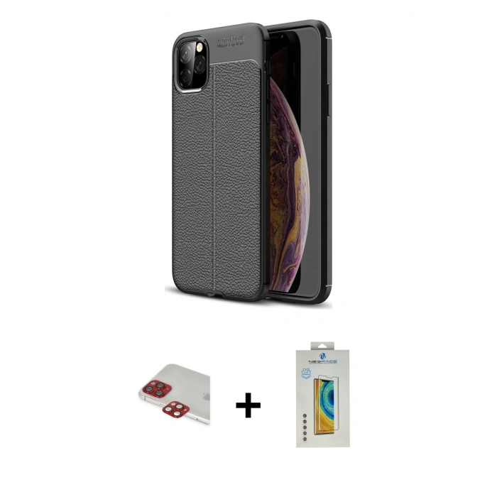 MARSİLYAN™- iPhone 11 Pro Max Kılıf Doruk Klasik Özel Seri - Siyah Polymer Nano Ekran Koruyucu + Pers Alüminyum Kamera Lens - KI