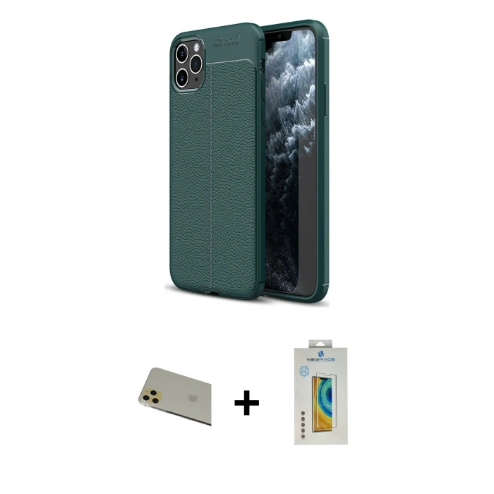 MARSİLYAN™- iPhone 11 Pro Max Kılıf Doruk Klasik Özel Seri - Siyah Polymer Nano Ekran Koruyucu + Rainbow Kamera Lens Koruma Cam - GD