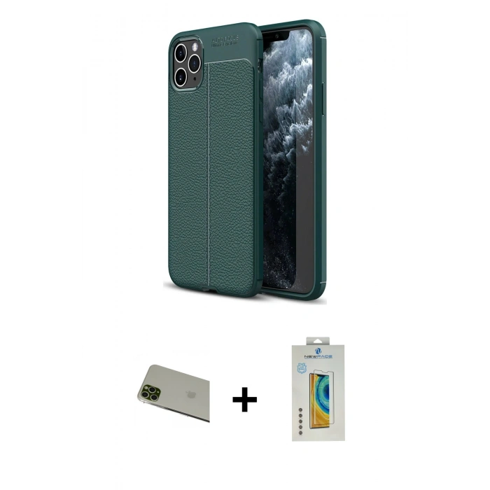 MARSİLYAN™- iPhone 11 Pro Max Kılıf Doruk Klasik Özel Seri - Siyah Polymer Nano Ekran Koruyucu + Rainbow Kamera Lens Koruma Cam - YL
