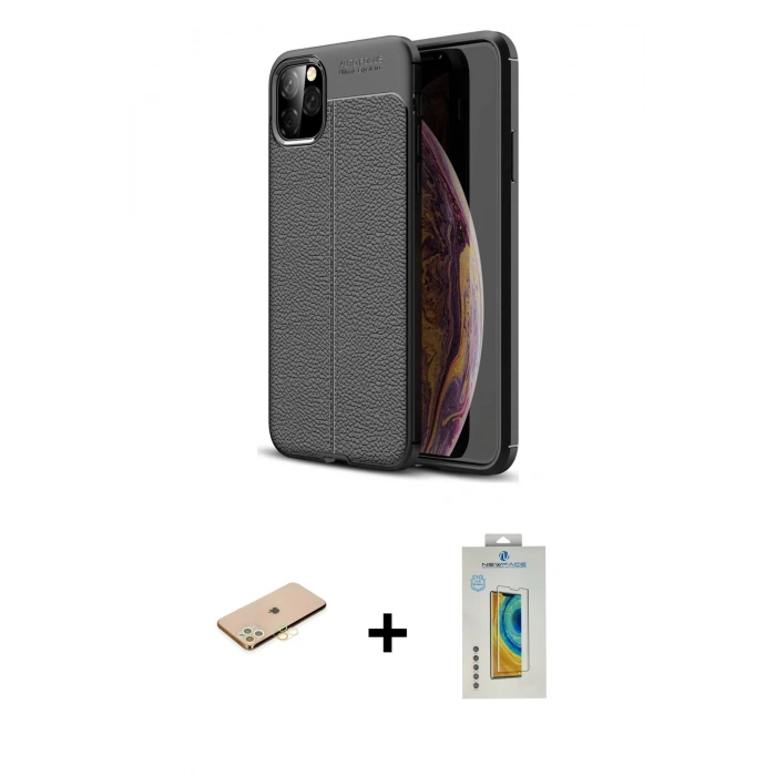 MARSİLYAN™- iPhone 11 Pro Max Kılıf Doruk Klasik Özel Seri - Siyah Polymer Nano Ekran Koruyucu + Renkli Kamera Lens Koruma Cam - SI