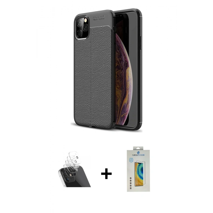 MARSİLYAN™- iPhone 11 Pro Max Kılıf Doruk Klasik Özel Seri - Siyah Polymer Nano Ekran Koruyucu + Kamera Lens Koruma Cam - SF