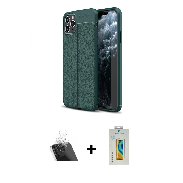 MARSİLYAN™- iPhone 11 Pro Max Kılıf Doruk Klasik Özel Seri - Siyah Polymer Nano Ekran Koruyucu + Kamera Lens Koruma Cam - SF