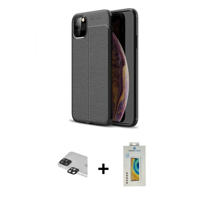 MARSİLYAN™- iPhone 11 Pro Max Kılıf Doruk Klasik Özel Seri - Siyah Polymer Nano Ekran Koruyucu + Pers Alüminyum Kamera Lens - SH
