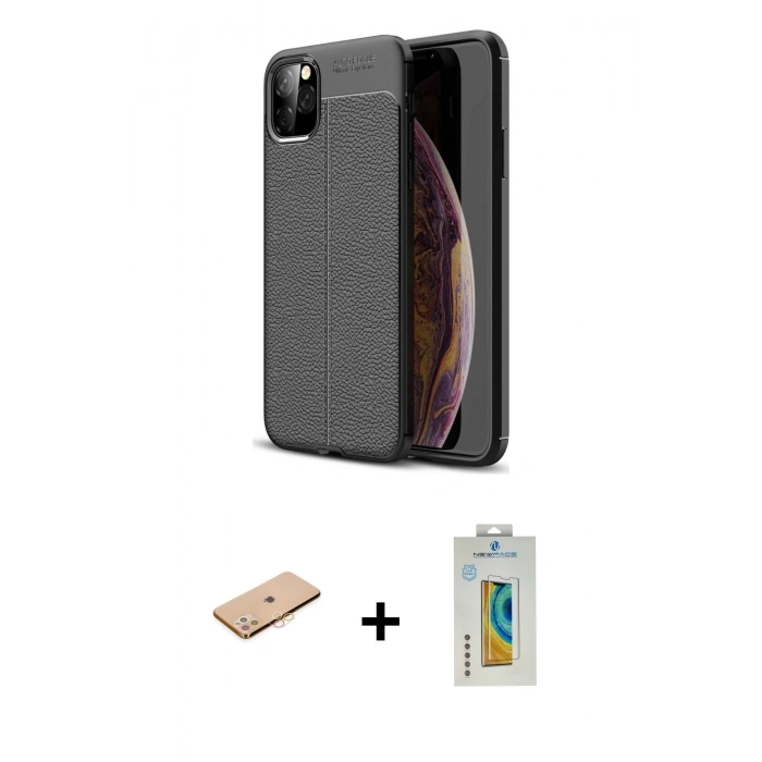 MARSİLYAN™- iPhone 11 Pro Max Kılıf Doruk Klasik Özel Seri - Siyah Polymer Nano Ekran Koruyucu + Renkli Kamera Lens Koruma Cam - TU
