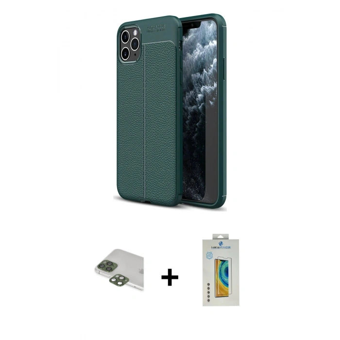 MARSİLYAN™- iPhone 11 Pro Max Kılıf Doruk Klasik Özel Seri - Siyah Polymer Nano Ekran Koruyucu + Yeşil Pers Alüminyum Kamera Lens