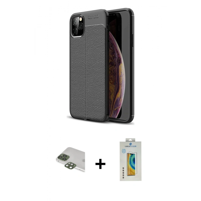 MARSİLYAN™- iPhone 11 Pro Max Kılıf Doruk Klasik Özel Seri - Siyah Polymer Nano Ekran Koruyucu + Yeşil Pers Alüminyum Kamera Lens