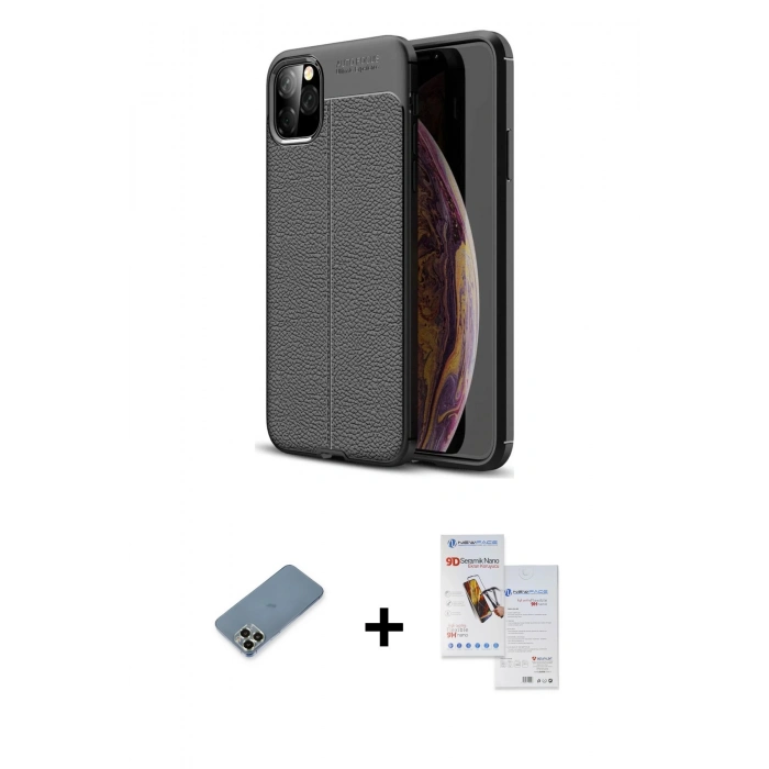MARSİLYAN™- iPhone 11 Pro Max Kılıf Doruk Klasik Özel Seri - Siyah Seramik Nano Ekran Koruyucu + Metal Kamera Lens Koruma Cam - AKYL