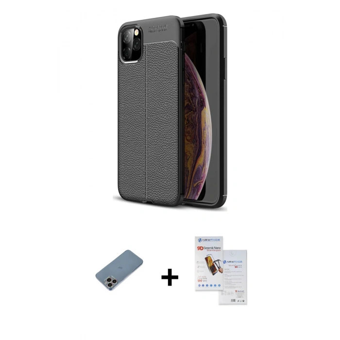 MARSİLYAN™- iPhone 11 Pro Max Kılıf Doruk Klasik Özel Seri - Siyah Seramik Nano Ekran Koruyucu + Shine Kamera Lens Koruma Cam - GI