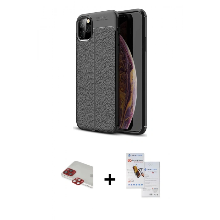 MARSİLYAN™- iPhone 11 Pro Max Kılıf Doruk Klasik Özel Seri - Siyah Seramik Nano Ekran Koruyucu + Pers Alüminyum Kamera Lens - KI