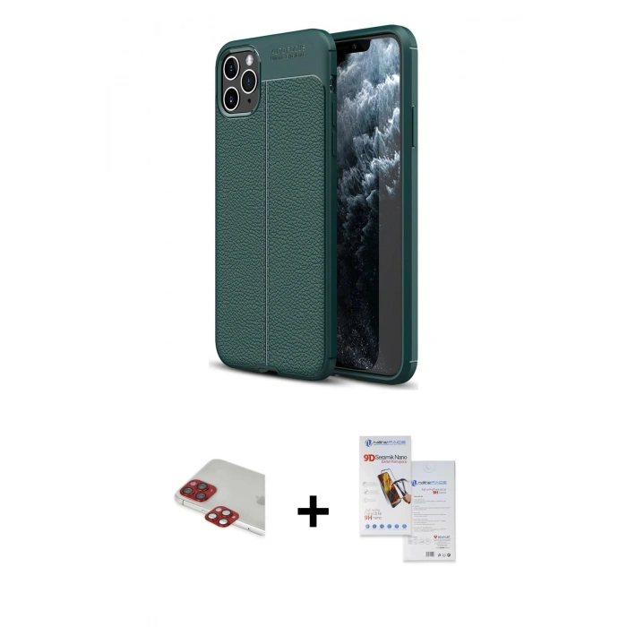 MARSİLYAN™- iPhone 11 Pro Max Kılıf Doruk Klasik Özel Seri - Siyah Seramik Nano Ekran Koruyucu + Pers Alüminyum Kamera Lens - KI