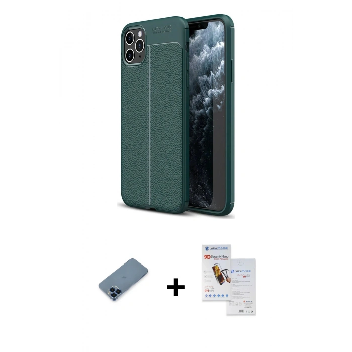 MARSİLYAN™- iPhone 11 Pro Max Kılıf Doruk Klasik Özel Seri - Siyah Seramik Nano Ekran Koruyucu + Metal Kamera Lens Koruma Cam - MI
