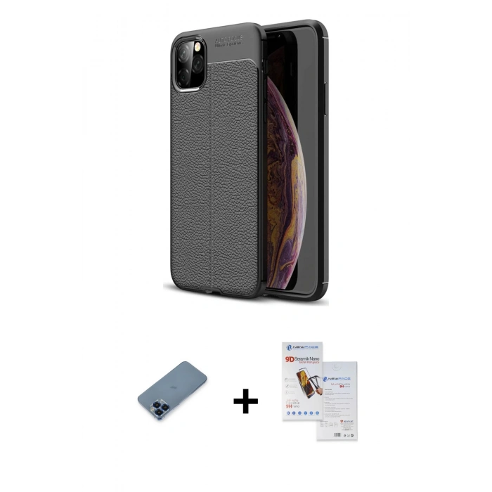 MARSİLYAN™- iPhone 11 Pro Max Kılıf Doruk Klasik Özel Seri - Siyah Seramik Nano Ekran Koruyucu + Metal Kamera Lens Koruma Cam - MI