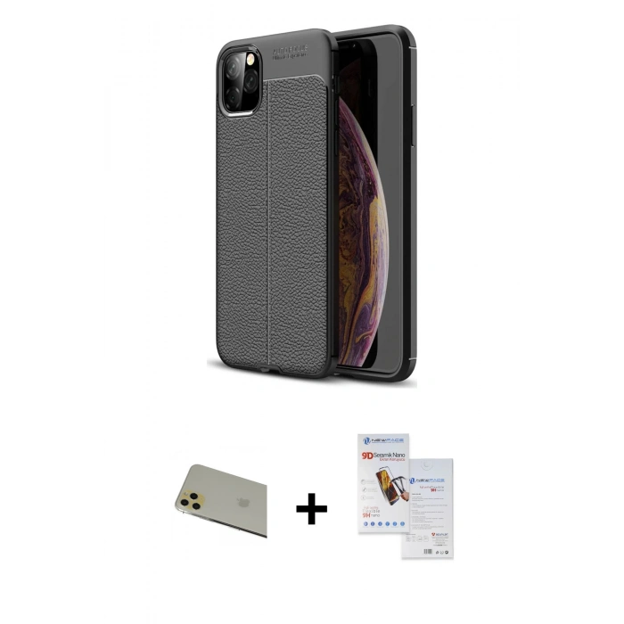 MARSİLYAN™- iPhone 11 Pro Max Kılıf Doruk Klasik Özel Seri - Siyah Seramik Nano Ekran Koruyucu + Rainbow Kamera Lens Koruma Cam - GD