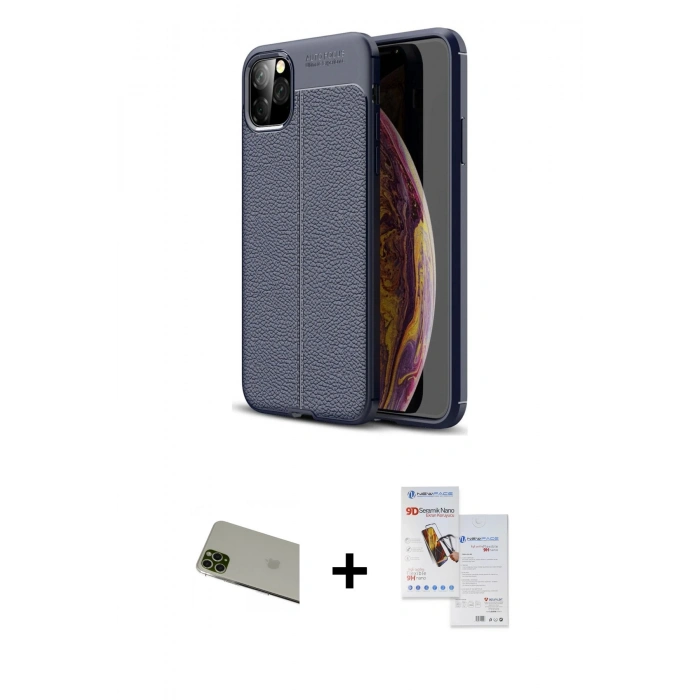 MARSİLYAN™- iPhone 11 Pro Max Kılıf Doruk Klasik Özel Seri - Siyah Seramik Nano Ekran Koruyucu + Rainbow Kamera Lens Koruma Cam - YL