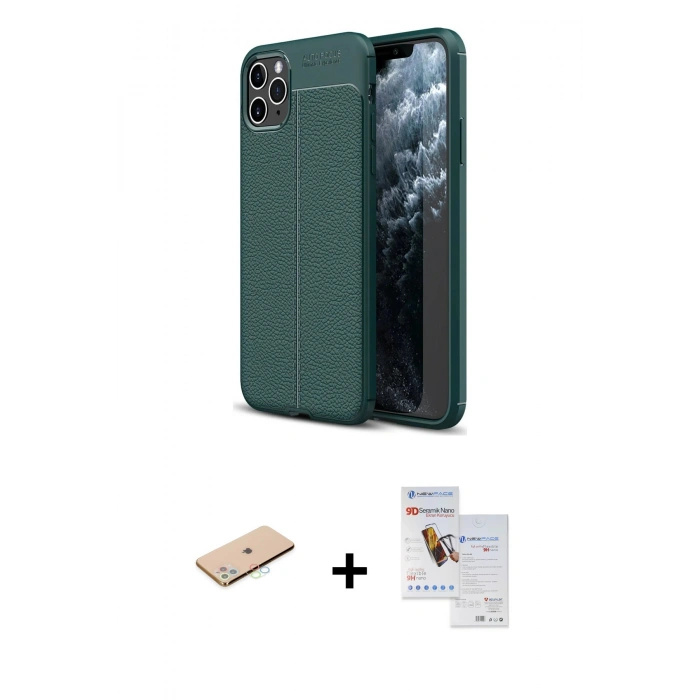 MARSİLYAN™- iPhone 11 Pro Max Kılıf Doruk Klasik Özel Seri - Siyah Seramik Nano Ekran Koruyucu + Renkli Kamera Lens Koruma Cam - MI