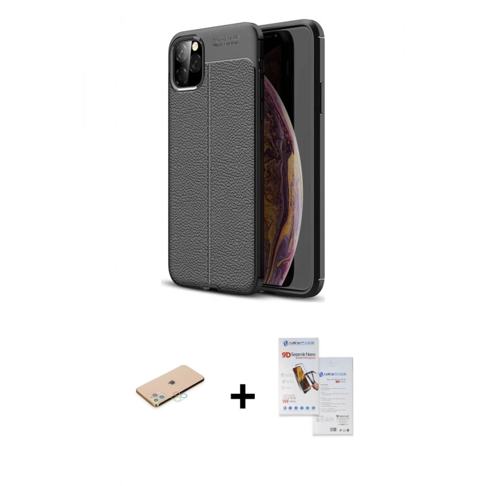 MARSİLYAN™- iPhone 11 Pro Max Kılıf Doruk Klasik Özel Seri - Siyah Seramik Nano Ekran Koruyucu + Renkli Kamera Lens Koruma Cam - MI