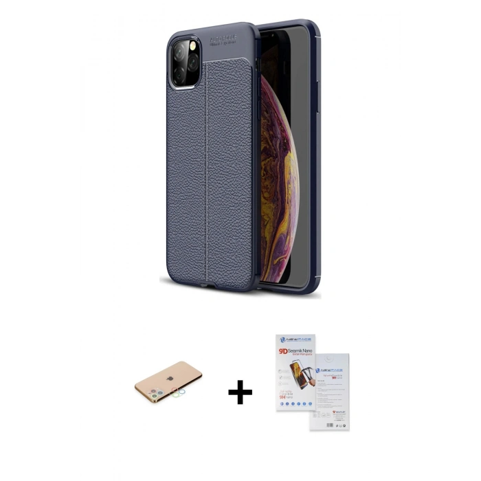 MARSİLYAN™- iPhone 11 Pro Max Kılıf Doruk Klasik Özel Seri - Siyah Seramik Nano Ekran Koruyucu + Renkli Kamera Lens Koruma Cam - MI