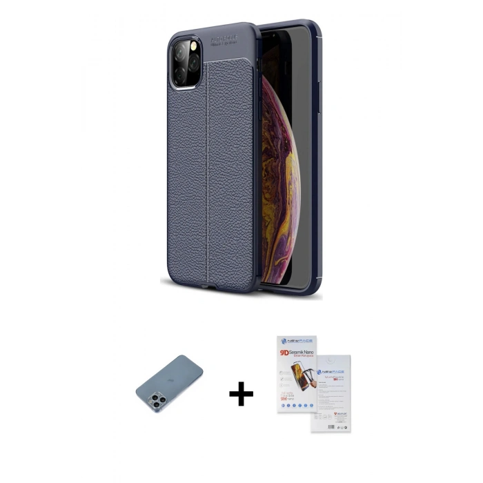 MARSİLYAN™- iPhone 11 Pro Max Kılıf Doruk Klasik Özel Seri - Siyah Seramik Nano Ekran Koruyucu + Sierra Blue Shine Kamera Lens Koruma Cam