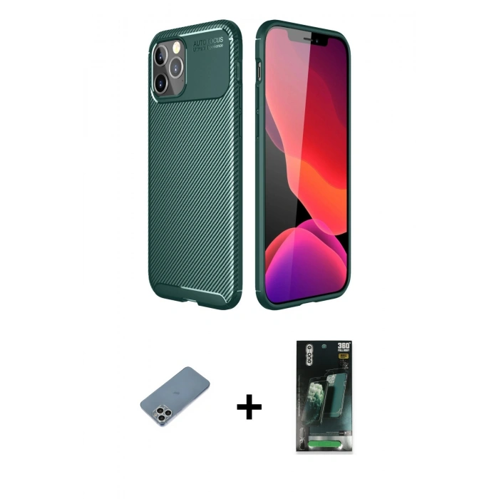 MARSİLYAN™- iPhone 11 Pro Max Kılıf Eksen Form Prime - Şeffaf 360 Full Body Arka Koruyucu + Shine Kamera Lens Koruma Cam - GS