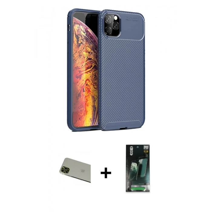 MARSİLYAN™- iPhone 11 Pro Max Kılıf Eksen Form Prime - Şeffaf 360 Full Body Arka Koruyucu + Rainbow Kamera Lens Koruma Cam - YL