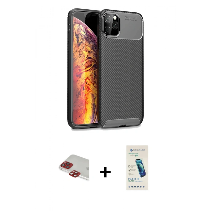 MARSİLYAN™- iPhone 11 Pro Max Kılıf Eksen Form Prime - Şeffaf Pasifik Cam Ekran Koruyucu + Pers Alüminyum Kamera Lens - KI