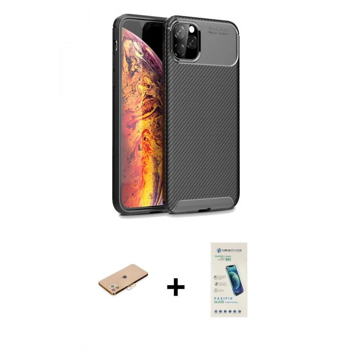 MARSİLYAN™- iPhone 11 Pro Max Kılıf Eksen Form Prime - Şeffaf Pasifik Cam Ekran Koruyucu + Renkli Kamera Lens Koruma Cam - TU