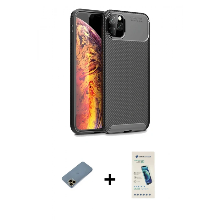 MARSİLYAN™- iPhone 11 Pro Max Kılıf Eksen Form Prime - Şeffaf Pasifik Cam Ekran Koruyucu + Shine Kamera Lens Koruma Cam - GD