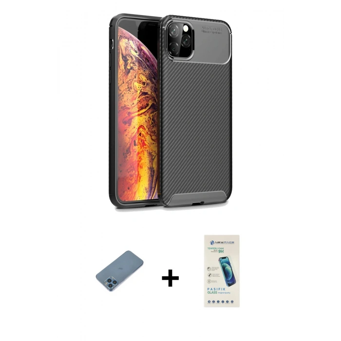 MARSİLYAN™- iPhone 11 Pro Max Kılıf Eksen Form Prime - Şeffaf Pasifik Cam Ekran Koruyucu + Shine Kamera Lens Koruma Cam - MI
