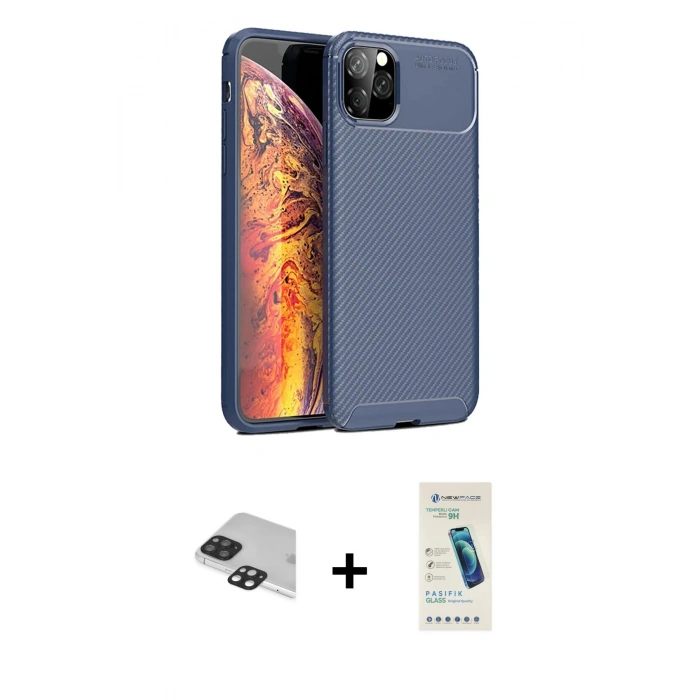 MARSİLYAN™- iPhone 11 Pro Max Kılıf Eksen Form Prime - Şeffaf Pasifik Cam Ekran Koruyucu + Pers Alüminyum Kamera Lens - SH