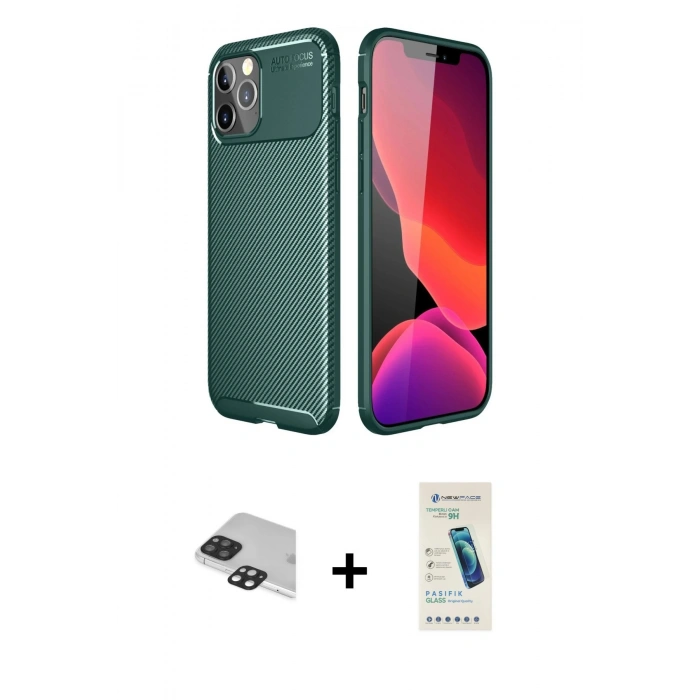 MARSİLYAN™- iPhone 11 Pro Max Kılıf Eksen Form Prime - Şeffaf Pasifik Cam Ekran Koruyucu + Pers Alüminyum Kamera Lens - SH