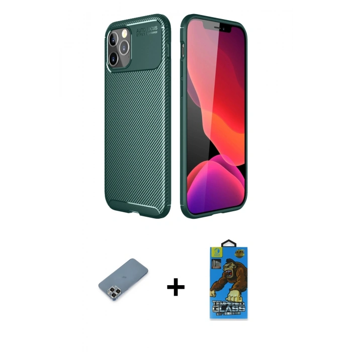 MARSİLYAN™- iPhone 11 Pro Max Kılıf Eksen Form Prime - Siyah 18D Cam Ekran Koruyucu + Metal Kamera Lens Koruma Cam - GS