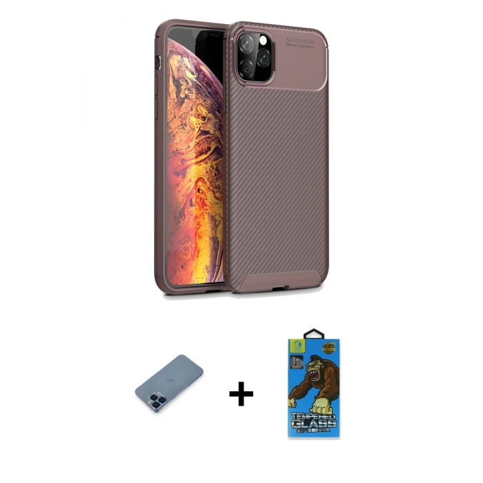 MARSİLYAN™- iPhone 11 Pro Max Kılıf Eksen Form Prime - Siyah 18D Cam Ekran Koruyucu + Mavi Metal Kamera Lens Koruma Cam