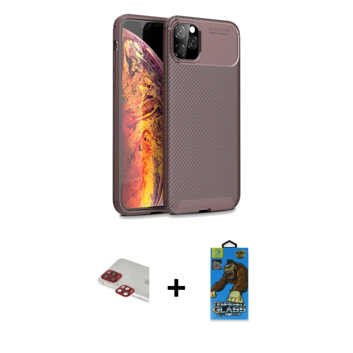 MARSİLYAN™- iPhone 11 Pro Max Kılıf Eksen Form Prime - Siyah 18D Cam Ekran Koruyucu + Pers Alüminyum Kamera Lens - KI