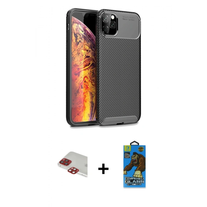 MARSİLYAN™- iPhone 11 Pro Max Kılıf Eksen Form Prime - Siyah 18D Cam Ekran Koruyucu + Pers Alüminyum Kamera Lens - KI