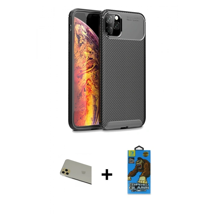 MARSİLYAN™- iPhone 11 Pro Max Kılıf Eksen Form Prime - Siyah 18D Cam Ekran Koruyucu + Rainbow Kamera Lens Koruma Cam - GD