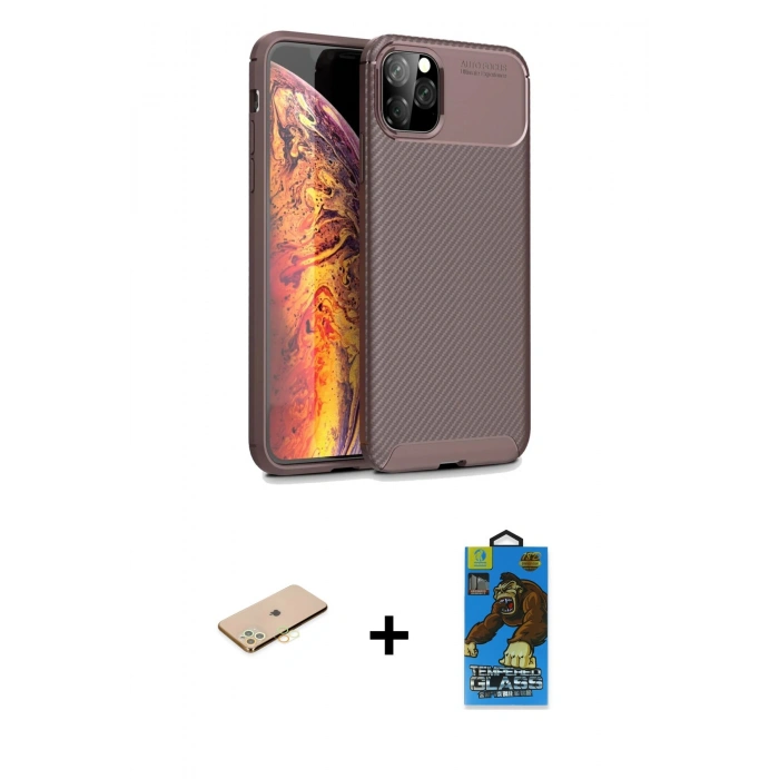 MARSİLYAN™- iPhone 11 Pro Max Kılıf Eksen Form Prime - Siyah 18D Cam Ekran Koruyucu + Sarı Renkli Kamera Lens Koruma Cam