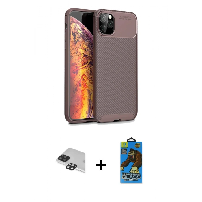 MARSİLYAN™- iPhone 11 Pro Max Kılıf Eksen Form Prime - Siyah 18D Cam Ekran Koruyucu + Siyah Pers Alüminyum Kamera Lens