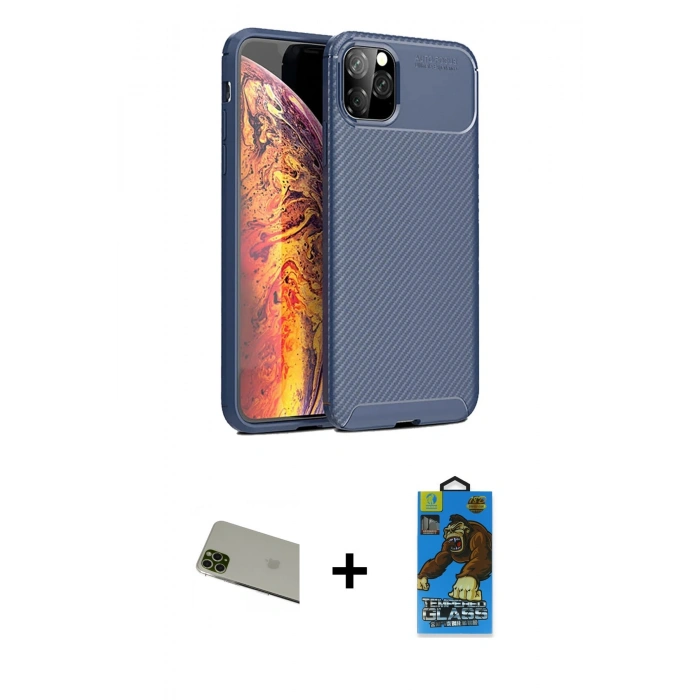 MARSİLYAN™- iPhone 11 Pro Max Kılıf Eksen Form Prime - Siyah 18D Cam Ekran Koruyucu + Yeşil Rainbow Kamera Lens Koruma Cam