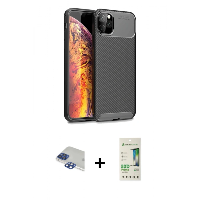 MARSİLYAN™- iPhone 11 Pro Max Kılıf Eksen Form Prime - Siyah 20D Premium Cam Ekran Koruyucu + Pers Alüminyum Kamera Lens - LT