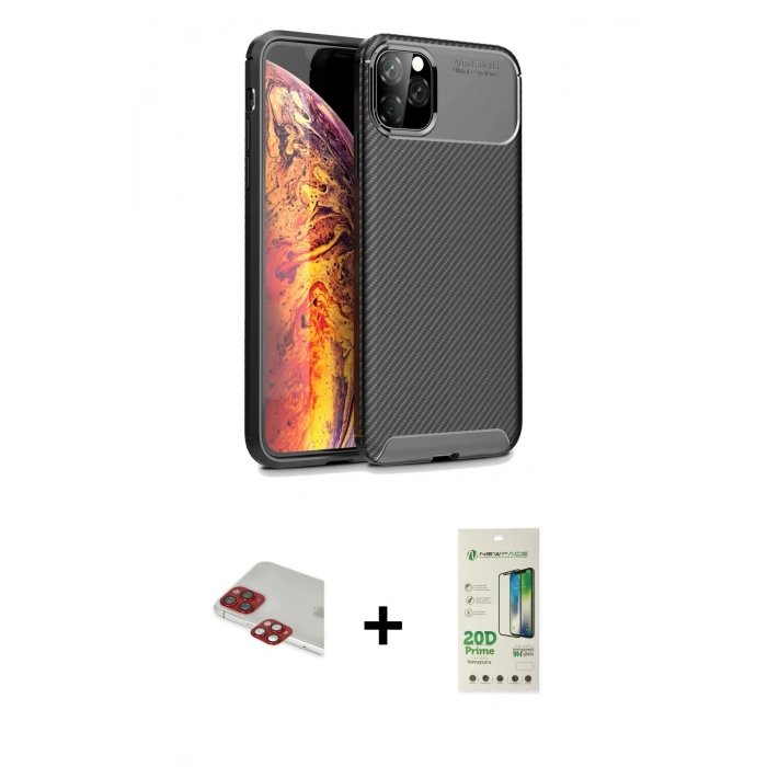MARSİLYAN™- iPhone 11 Pro Max Kılıf Eksen Form Prime - Siyah 20D Premium Cam Ekran Koruyucu + Pers Alüminyum Kamera Lens - KI