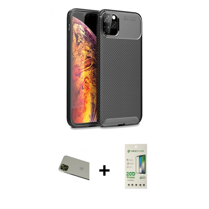 MARSİLYAN™- iPhone 11 Pro Max Kılıf Eksen Form Prime - Siyah 20D Premium Cam Ekran Koruyucu + Rainbow Kamera Lens Koruma Cam - YL