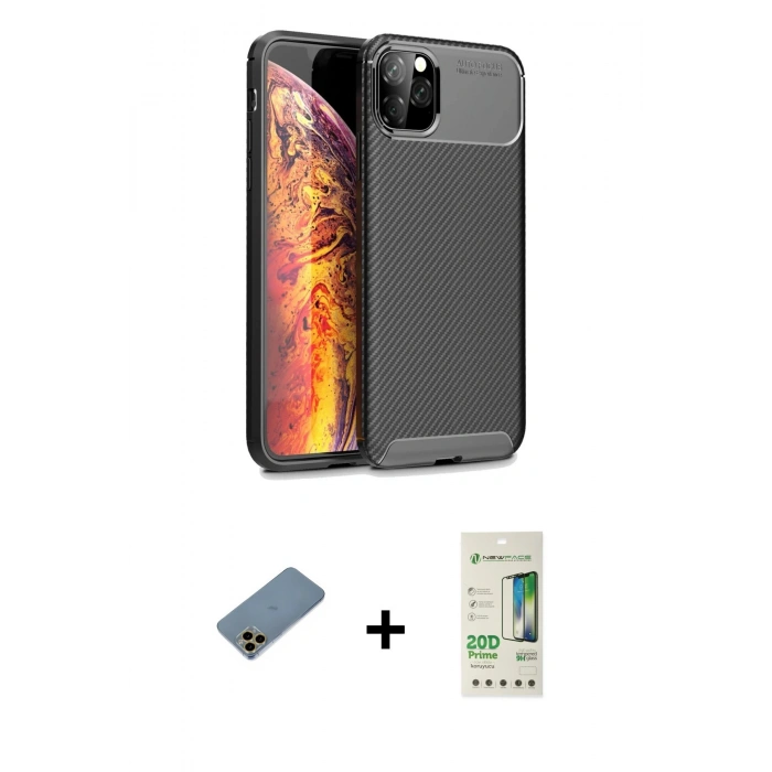MARSİLYAN™- iPhone 11 Pro Max Kılıf Eksen Form Prime - Siyah 20D Premium Cam Ekran Koruyucu + Shine Kamera Lens Koruma Cam - GD