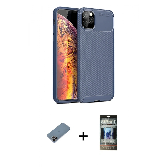 MARSİLYAN™- iPhone 11 Pro Max Kılıf Eksen Form Prime - Siyah 34D Hayalet Izgaralı Cam + Shine Kamera Lens Koruma Cam - GI