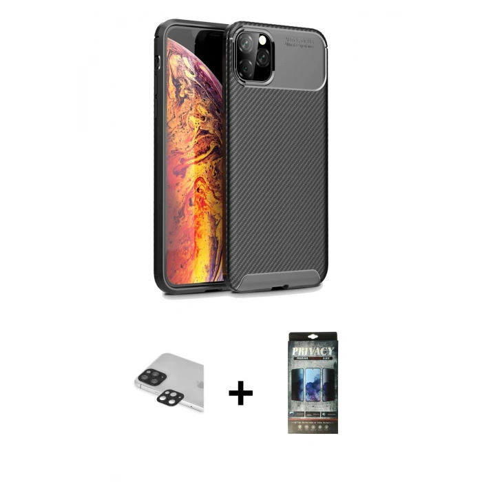MARSİLYAN™- iPhone 11 Pro Max Kılıf Eksen Form Prime - Siyah 34D Hayalet Izgaralı Cam + Pers Alüminyum Kamera Lens - SH