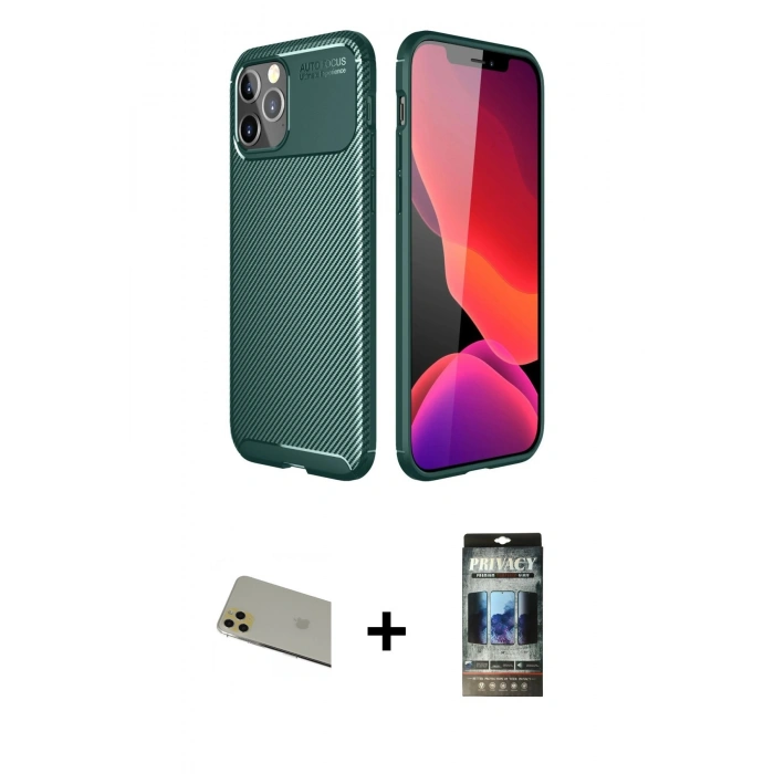 MARSİLYAN™- iPhone 11 Pro Max Kılıf Eksen Form Prime - Siyah 34D Hayalet Izgaralı Cam + Rainbow Kamera Lens Koruma Cam - GD