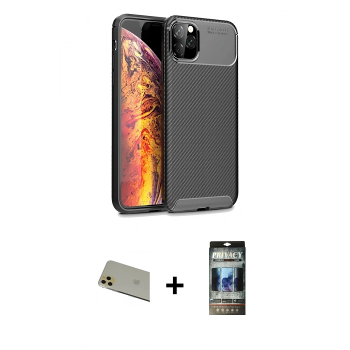 MARSİLYAN™- iPhone 11 Pro Max Kılıf Eksen Form Prime - Siyah 34D Hayalet Izgaralı Cam + Rainbow Kamera Lens Koruma Cam - GD