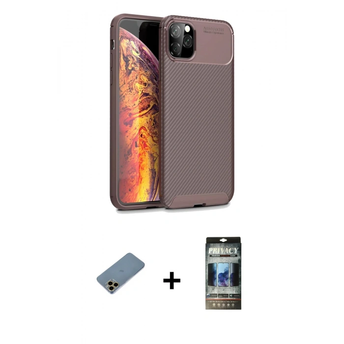 MARSİLYAN™- iPhone 11 Pro Max Kılıf Eksen Form Prime - Siyah 34D Hayalet Izgaralı Cam + Shine Kamera Lens Koruma Cam - GD