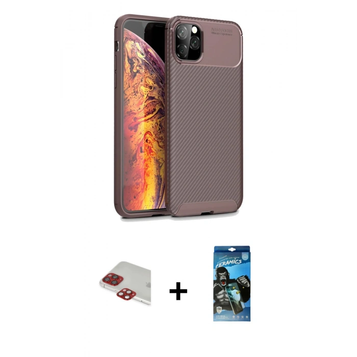 MARSİLYAN™- iPhone 11 Pro Max Kılıf Eksen Form Prime - Siyah 34D Izgaralı Cam + Pers Alüminyum Kamera Lens - KI
